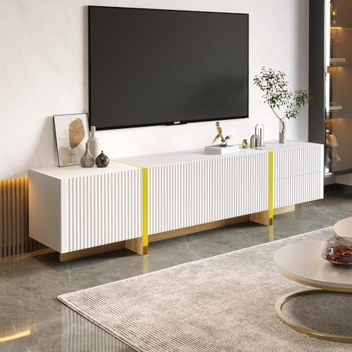 ZKLOEP Mobile TV 190 cm 3 ante, 2 cassetti, bianco con oro e venature del legno