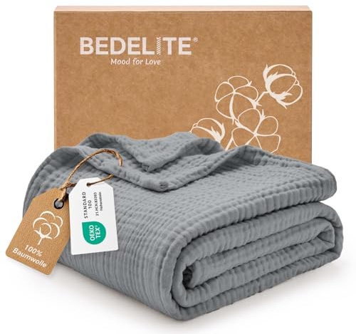 BEDELITE Musselin Decke 127x177cm Erwachsene Tagesdecke Baumwolle, Grau