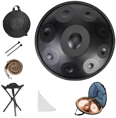 440/432 Hz Handpan Drum 9/10/12 Töne D-Moll 55cm Stahlzungentrommel,Percussion Instrumente,Hand Drum mit Drumtasche und Ständer, als für Sound Healing, Meditation(Schwarz,432hz 10 Notes)