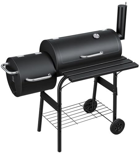 Monucep Holzkohle Smoker Grill BBQ mit 2 Kammern, Grillwagen mit Thermometer, Smoker Grill für indirektes Grillen & Räuchern, fahrbarer Garten Grill mit Ablagen, Schwarz