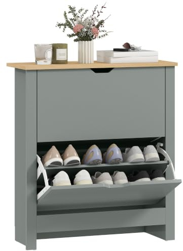 HOMCOM Schuhschrank mit 2 Klappen Schmal 72 x 26 x 80 cm Hellgrau | Schuhkipper mit verstellbar Trennwand, Schuhregal Schuhkommode, für 12 Paar Schuhe