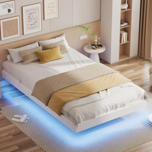 IRONCK Bettgestell 120x200 cm, Schwebender Bett mit LED Beleuchtung, Gepolsterte Seitenwände, 2 AC-Steckdosen, 1 USB-A-Anschluss, 1 USB-C-Anschluss, Metallbett mit Lattenrost Einzelbett, Weiß