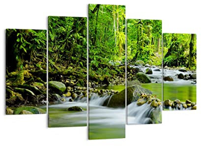 Mehrteilige Bilder auf Leinwand 150x100cm Leinwandbild Stream Wald Natur Groß XXL Wanddeko Bild Schlafzimmer Set 5 teilige Wandbilder Dekoration Wohnzimmer Canvas Wand Kunstdruck Art EA150x100-0174