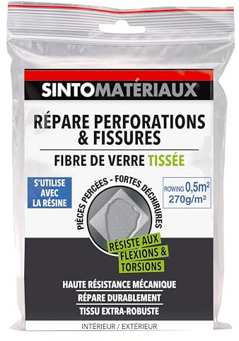 SINTO MATERIAUX - Fibre de Verre tissée - répare Perforations et Fissures - s'utilise avec la résine - résite aux flexions et torsions - Usage intérieur et extérieur - 0,5m²