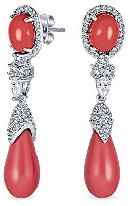Orecchini pendenti a goccia rotonda in stile vintage rosa arancione con corallo simulato e zirconi per donne in ottone placcato argento.