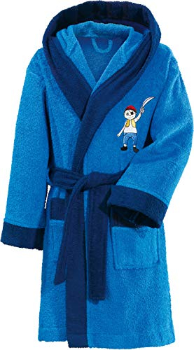 Erwin Müller Kinder-Bademantel mit Kapuze Frottier blau Größe 122/128 - hochwertiger Stickmotiv Pirat, mit Taschen und Bindegürtel (weitere Größen)