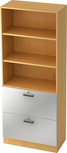 Bümö® Office Hängeregistratur-Regal Schrank abschließbar aus Holz | Kombination Hängeregister-/Regalschrank inkl. Einlegeböden | Büroschrank – Büro Schrankwand (Hängeregistratur-Kombi, Buche/Silber)