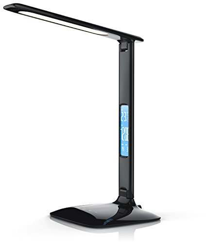Brandson - dimmbare LED Schreibtischlampe - Augenschutz - 3 Lichtfarben kalt warm neutralweiß 5 Helligkeitsstufen - Temperatur Alarm- und Kalenderfunktion - schwarz