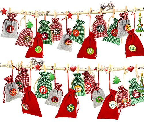 Adventskalender zum Befüllen, Weihnachtskalender Stoffsäckchen zum Selberfüllen, 24 Geschenksäckchen Kette zum selber befüllbar und Aufhängen, Jutesäckchen Jute Beutel, Kalender Schnur, Zahlen Buttons