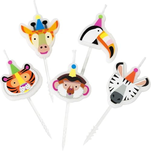 Tierfiguren Partykerzen – 5 Stück Tierkopf-Motive (Giraffe, Tukan, Tiger, Affe, Zebra) für Kindergeburtstag, Safari- und Dschungel-Motto