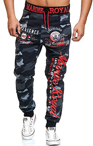 L.gonline Jogginghose Herren lang | Trainingshose Baumwolle | Sporthose mit Bündchen | Enger Beinabschluss | Marine 5258 (XL, Antra/Rot Camo)