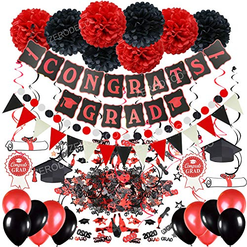 ZERODECO Abschlussdekorationen, Schwarz und Rot Congrats Grad Banner mit Seidenpapier Pom Poms Dreieckige Wimpel Girlande Spiralen Dekoration Abschluss Konfetti und Luftballon