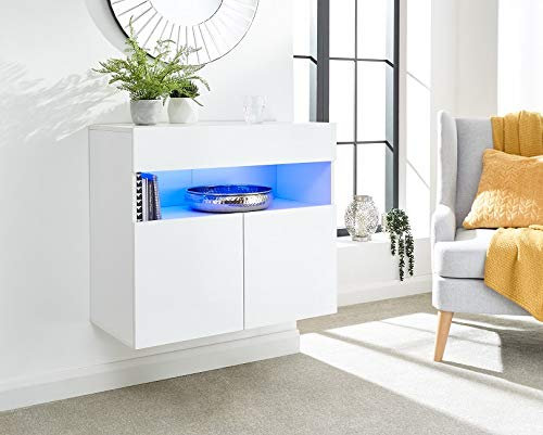 Galicia High Gloss Floating Sideboard with Blue LED Lights - Black, Grey or White#WHITE