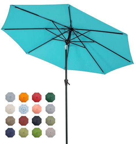 Tempera Parasol de table de 2,7 m avec bouton poussoir inclinable et manivelle, 8 baleines en acier, turquoise