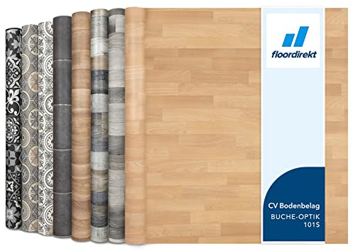 Floordirekt PVC Bodenbelag Meterware nach Maß Vinylboden, CV Linoleum für Küche & Balkon in Holzoptik, Fliesenoptik, Steinoptik - robust & pflegeleicht 100 x 500 cm | Atlantic | Buche-Optik 101s