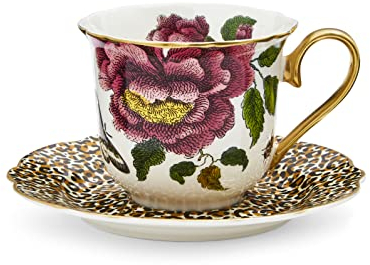 Spode Creatures of Curiosity Tea Cup and Saucer Fluted White Leopard, CRCWL8818-XG