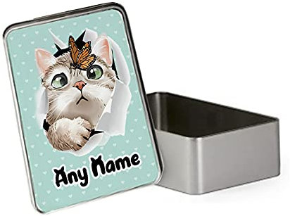 Personalised Butterfly on Cat face Hidden Cat Funny Kitten Cat Birthday BACK TO SCHOOL Portable Metal Tin Storage Box Biscuit Chocolate Tin Emergency Stuff Tin. (Rectangular)