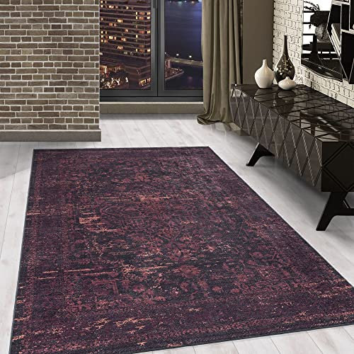 Carpetsale24 Waschbarer Kurzflor Teppich Schwarz 140x200 cm Vintage Design mit Rutschfester Rückseite, Hautfreundlich & Pflegeleicht, Ideal für Wohnzimmer, Schlafzimmer, Flur & mehr