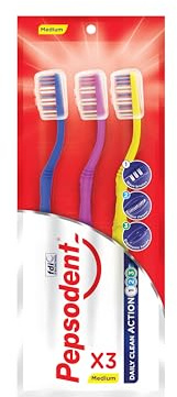 Pepsodent Toothbrush Triple Clean, 3Pcs Medium RED Yellow Pink