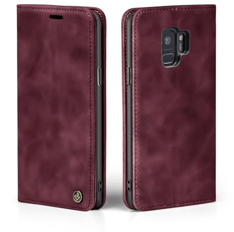 LBH Handyhülle für Samsung Galaxy S9 in Weinrot mit Karten- und Geldfach Smartphone Hülle mit Standfunktion Flip Case Schutzhülle Magnetverschluss Vintage