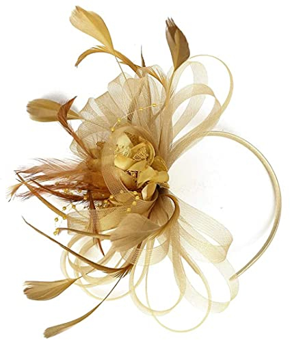 Liummrcy Brauthaarzubehör Frauen Mesh Ribbon Fascinator Hutkontrast Farbe Hochzeit Stirnband Gold Hochzeitshüte, Senfmännchen, Mutter des Braut Faszinator, Hüte und Faszinator
