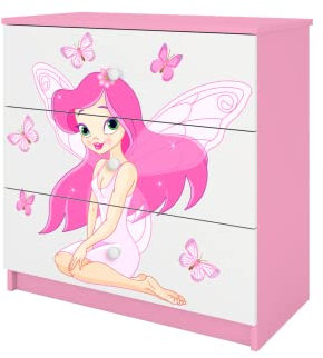 Générique Commode BABYDREAM - Fée aux Papillons - en Panneaux de Particules 81x41x80,5 cm, 3 tiroirs, Couleur Rose Poudré
