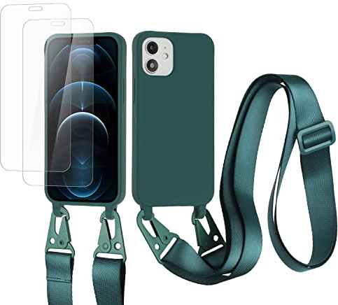 vrupin kompatibel mit iPhone 12 Mini Handykette Hülle,[2 Stück Schutzfolie 9H Härte Gehärtete Folie].Necklace Hülle Nylon Schultergurt Weich Flüssiges Silikon-Dunkelgrün