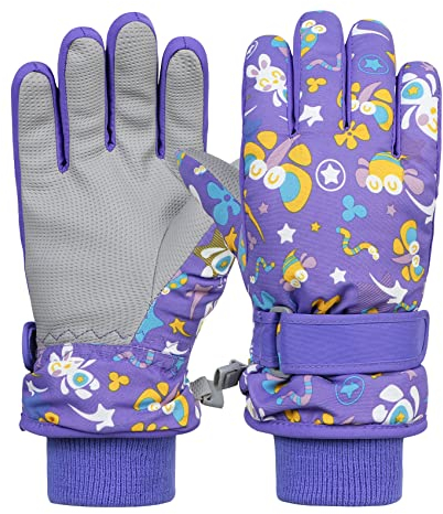 Durio Skihandschuhe Kinder Wasserdicht Winter Schneehandschuhe PU Palme für Outdoor Sport Lila 7-9 Jahre