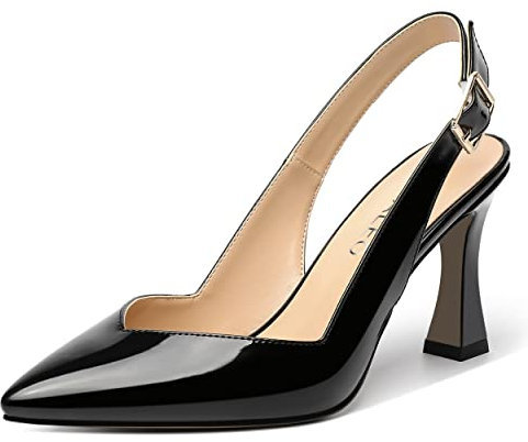 NUMALEO Damen Braut-Pumps mit Knöchelriemen, spitzer Zehenbereich, Lackschnalle, modisch, Spule, High Heel, 8,3 cm, Schwarz, 41 EU