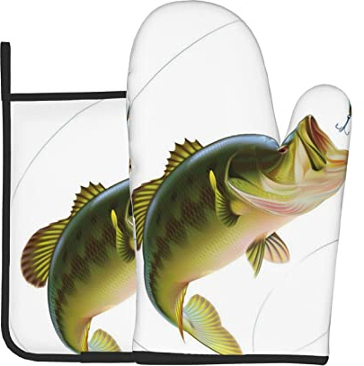 Köder mit Angelschnur, die kleine Fische frisst, Ofenhandschuhe und Pfannenmatten, 2-teiliges Set – hochtemperaturbeständig für Küche, Mikrowelle, Grill im Freien