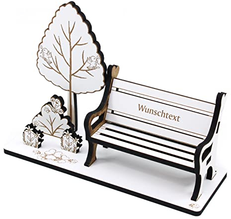 Geldgeschenk Geburtstag Bank mit Baum und Blumen - inkl. Wunschtext Name - Schild für Geld Gutschein Gutscheingeschenk - 20 x 14 cm