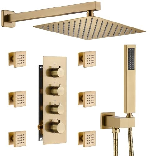 MONDAWE 12 Zoll Thermostat-Duschsystem in gebürstetem Gold, Wandmontage, Duschkopf mit Handbrause und 6 Körperdüsen, Hochdruck-Badezimmer-Duscharmatur-Set mit Thermostatventil