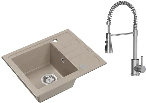 VBChome Spülbecken Granit Beige mit Armatur 55 x 44 cm Einzelbecken Einbauspüle Gesprenkelt Reversibel Granitspüle Siphon Waschbecken Armatur Beige Spülbecken mit Inox Armatur