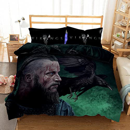Bettwäsche 155x220 Odin Krähe Bettbezug 155x220 & 2 Kissenbezügen 80x80, Vikings Ragnar Warrior King Kinder Bettbezug Set 3 Teilig Mikrofaser Bequem Bettdecke Cover mit Reißverschluss für Allergiker