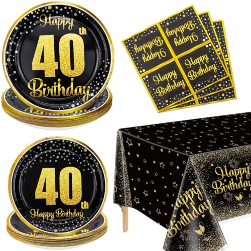 40th Birthday Decorations for Women and Men - 61Pcs Plates Napkins 40th Tablecloth Black and Gold Party Decorations Serve 20