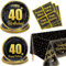 40th Birthday Decorations for Women and Men - 61Pcs Plates Napkins 40th Tablecloth Black and Gold Party Decorations Serve 20