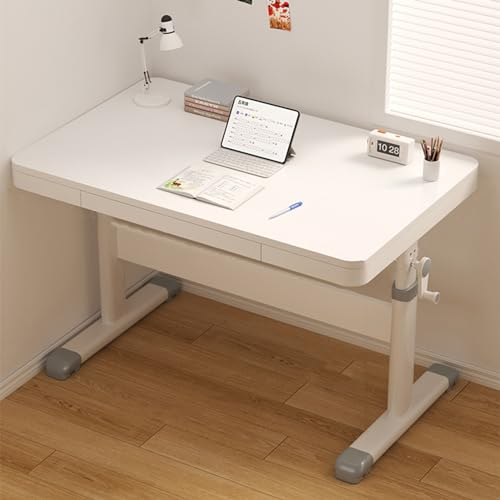Stehpult mit Schublade, anhebbarer Studiertisch, höhenverstellbarer Sitz-Steh-Schreibtisch mit Kurbel, Computerarbeitsplatz für kleine Räume (Farbe: Weiß, Größe: L120 cm x B60 x H6