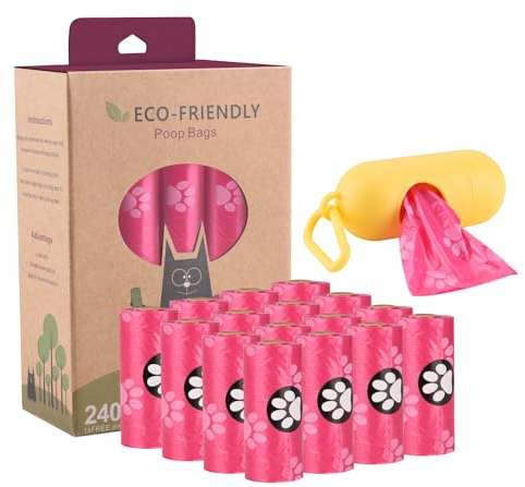 JBBFCAN Dog Poo Bags 240 Pink Large Poop bags with Dispenser,Super Strong 100% Leak Proof Poo bags dogs rolls with Corn Starch Compostable