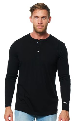 100% Merino Shirt Herren Langarm - Langarmshirt mit Knopfleiste, Henley Shirt Herren Langarm, Merino Unterwäsche (X-Large, 170 Black Henley)