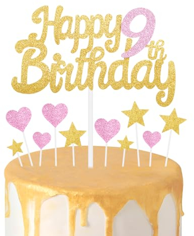 Gold Pink 9th Birthday Cake Topper, Girls 9th Birthday Decorations, Glitter Heart Stars Cake Toppers, Personalised Happy Birthday Cake Cupcake Toppers for Women Girls Baby Birthday Party Supplies