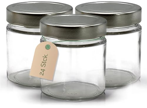 Apoidea – Marmeladengläser 250g mit Deckel in Silber 24 Stück/Twist Off Gläser/Einmachgläser/Marmeladengläser mit Deckel/leeres Marmeladenglas/Einkochgläser