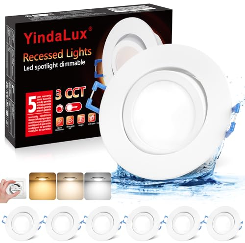 YindaLux LED Einbaustrahler 230V Flach, LED Spots 5W Dimmbar 68mm,IP44 Drehbarer Deckenspots, 3000K/4000K/6500K, Spots Deckenleuchte für Badezimmer Küche Wohnzimmer, Weiß 6er Set