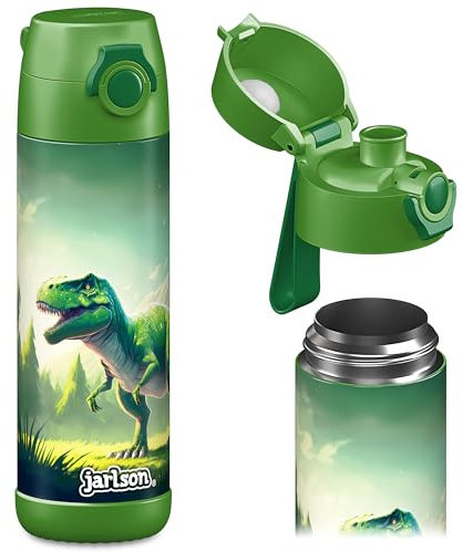 Jarlson® MALI Botella de agua para niños, termo de acero inoxidable, sin BPA, a prueba de fugas, botella para niños con tapa, botella para escuela, guardería (verde dinosaurio, 500 ml)