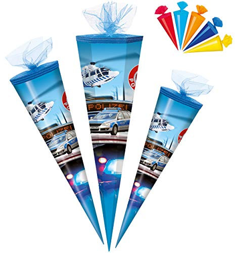 alles-meine.de GmbH Set - Schultüte - mit 3D Glitzer - Effekt ! + 5 kleine Zuckertüten - Polizei Auto - Fahrzeug & Helikopter - 50-85 cm - Größe wählbar - Filzabschluß - Zu..