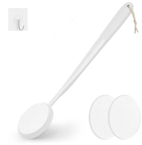 Eincremehilfe Lotion-Applikator für Rücken, Füße und Beine, langer Kunststoffgriff, Feuchtigkeitscreme, Sonnenschutz und Salbenapplikator für ältere Männer und Frauen mit 3 waschbaren Pads (Weiß)