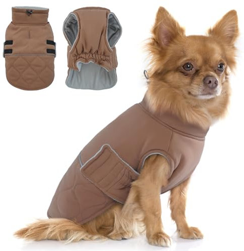 Hjumarayan Hundemantel für Kleine Hunde, Wattierend Wintermantel Mantel Hund mit Geschirr Offnung, Jacken Gefüttert für Malteser, Kleiner Mops, Shih Tzu, Mini Dackel (Braun S)