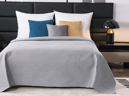 FEBE Tagesdecke Bettüberwurf 220x200 cm Hellgrau Überwurfdecke Sofadecke Sofaüberwurf Flauschig Mikrofaser Zimmer Deko Throw Blanket