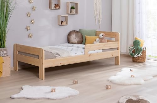 TiCAA Einzelbett Kinderbett Jugendbett, Bennet mit Rausfallschutz & Lattenrost für Schlafzimmer, Kinderzimmer Kiefer Massivholz Bettgestell 90/120 x 200 cm