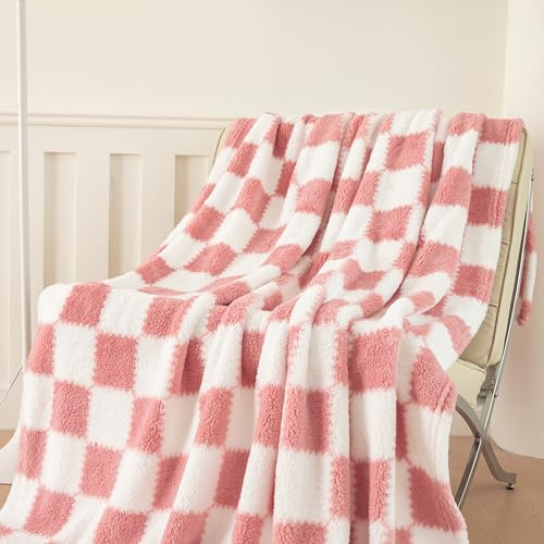 Peopleareok Karierte Überwurfdecke, rosa Fleecedecke, volle Größe für Couch, Bett, Sofa, Schachbrettmuster, Decken für alle Jahreszeiten (203 x 228 cm, Hellrosa)