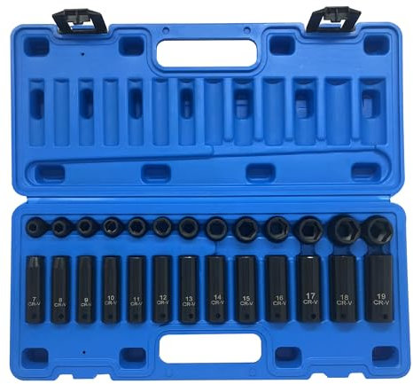 GOSWIFT 26pcs 3/8 Impact Socket Set, Deep & Standard Socket, Metric 7mm to19mm, 6-Point, Cr-V Steel